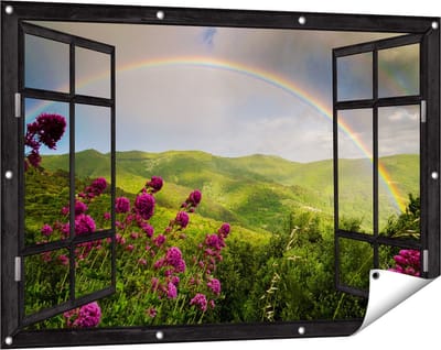Gards Tuinposter Doorkijk Regenboog in de Heuvel Bossen - 120x80 cm - Tuindoek - Tuindecoratie - Wanddecoratie buiten - Tuinschilderij