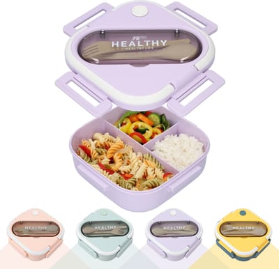 Vierkante Lunchbox met Servies - Paarse Bentobox - Met vakjes x3 - Voor kinderen en volwassenen - Geschikt voor rijst, noodles, groente, vlees en meer! - Paars - 900ml
