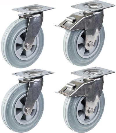 200 mm (8") roestvrijstalen zwenkwiel met grijs rubber, zwenkbaar en met rem, 820 kg, set van 4