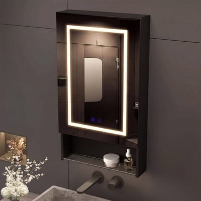Zwarte Spiegelkast met LED-Verlichting & Ontwasemfunctie - 3 Kleuren, 88x50x16cm, Met Open Plank & Verstelbare Binnenplanken