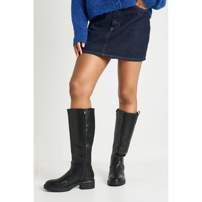 boohoo Dames Chunky kniehoge platte laarzen | Black | Maat: 4