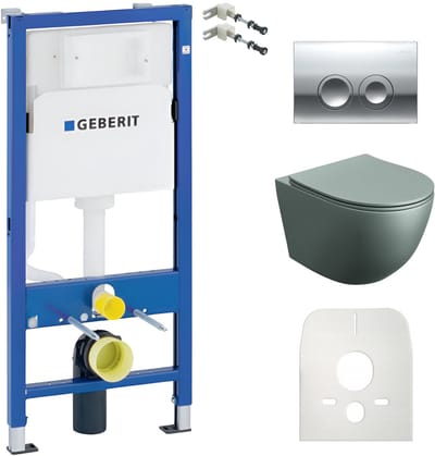 Inbouwreservoir Complete Toiletset Geberit Duofix Basic - Inbouw WC Hangtoilet Wandcloset SINTO GREY Grijs Mat - Bedieningsplaat DELTA Chroom Rund - Voorwandelement - Installatiesysteem