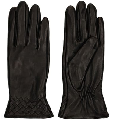 Manfield - Dames - Zwarte leren handschoenen met gevlochten details - Maat S
