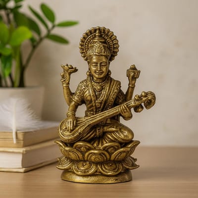 Ancient Wisdom - Decoratief beeld - Messing miniatuur godin Sarswati 34 mm - beeldje - figuur - decoratie - interieur - kunst