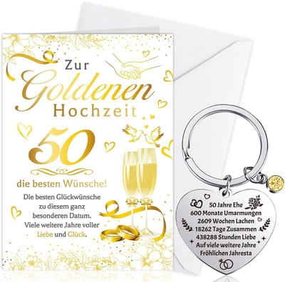 Dailygoods- Bruiloftskaart Gouden Ontwerp - Wenskaart - Gouden Huwelijksgeschenk - Sleutelhanger - Uniek - 18,5 x 13 cm