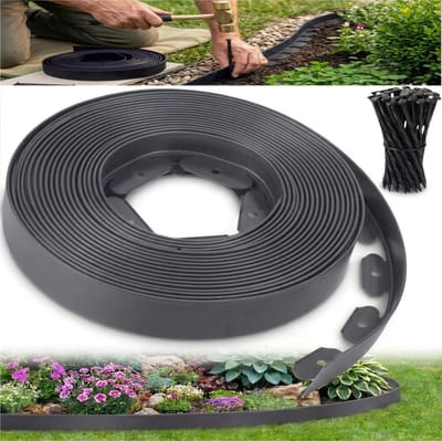 Flexibele tuinrand van 10 m – Robuust kunststof (5 mm dik) – L-vormige afscheiding (voor gras, grind, wortels en als opsluitrand) – Geschikt voor gazons, opritten, bloembedden en boomspiegels – 60 grondpennen voor eenvoudige montage