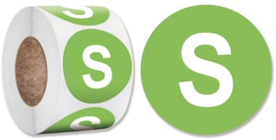 500 S Kledingmaat stickers op rol - Groene ronde labels met maat Small - 25mm