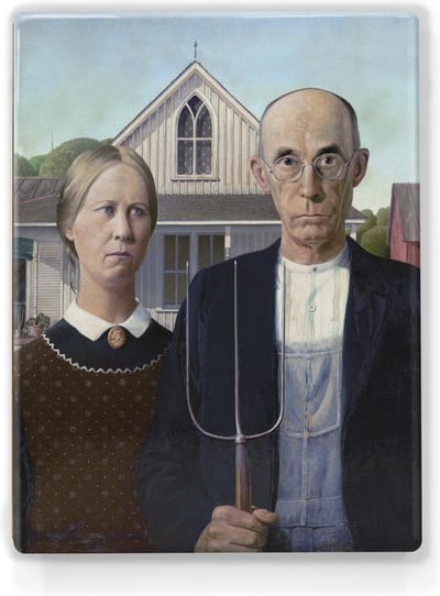 American Gothic - Brand Wood - 19,5 x 26 cm - Niet van echt te onderscheiden schilderijtje op hout - Mooier dan een print op canvas - Laqueprint.