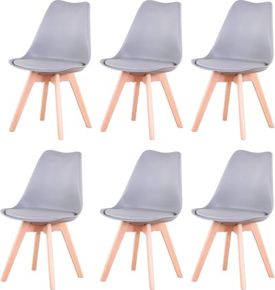 Set van 6 Eetkamerstoelen – Gestoffeerde Stoelen met Beukenhouten Poten – Stijlvolle Bureaustoelen voor Eetkamer, Slaapkamer, Balkon of Restaurant - Grijs