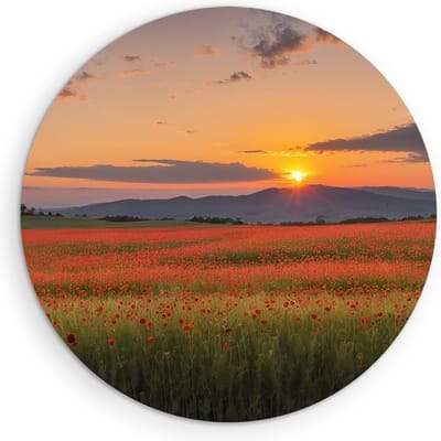 Saammp Muurcirkel Hout - Rood bloemenveld met bergachtig landschap - Natuur - Ø 90 - Wandcirkel - Wanddecoratie Cirkel - Muurdecoratie Woonkamer - Slaapkamer decoratie - Rond Schilderij