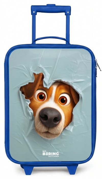NoBoringSuitcases.com® - Kinderkoffer blauw - Kindertrolley jongen - Bruine hond door gescheurd blauw plastic - Koffer kind lichtgewicht - Reiskoffer trolley voor kinderen - Koffertje met lichtgevende wieltjes - Rolkoffer