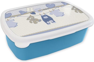 Broodtrommel Blauw - Lunchbox - Brooddoos - Baby kleren - Waslijn - Teddybeer - Patroon - 18x12x6 cm - Kinderen - Jongen