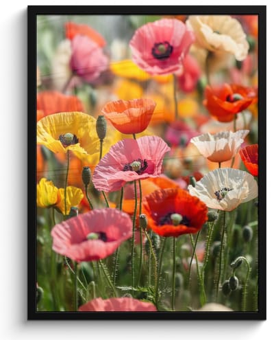 Poster in lijst - Fotolijst 50x70 cm - Posters - Bloemenveld - Klaprozen - Kleurrijk - Posterlijst zwart - Decoratie - Wanddecoratie woonkamer - Muurdecoratie slaapkamer