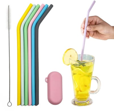 Dailygoods- Siliconen Rietjes 6 Stuks - Herbruikbare Rietjes - Voedselveilige Rietjes - Flexibele Rietjes - Met Reinigingsborstels - Diameter 0,8 cm, Hoogte 25 cm - Drinkrietjes