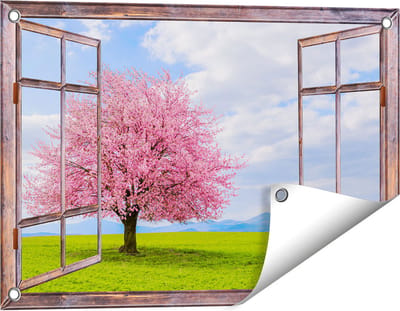 Gards Tuinposter Doorkijk Roze Sakura Bloesem Boom in het Groene Veld - 60x40 cm - Tuindoek - Tuindecoratie - Wanddecoratie buiten - Tuinschilderij