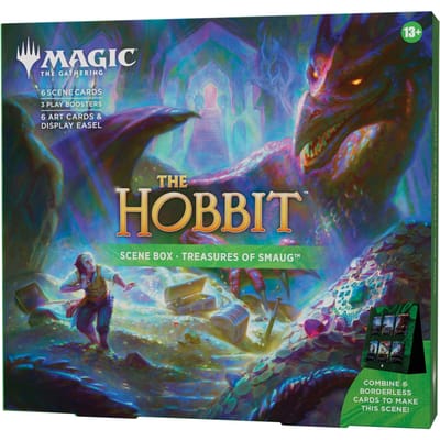 Magic: The Gathering | The Hobbit Scene Box - Treasures of Smaug| 6 Foil Borderless Scene Cards, 6 Art Cards, 3 Play Boosters + Display Easel