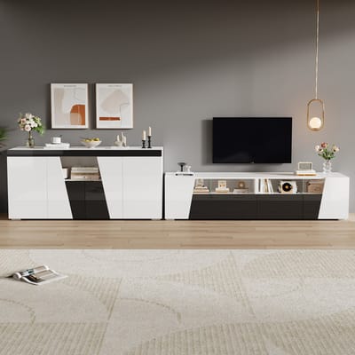 MODFU Opbergkast/TV-meubel 180x38,5x45 cm van MDF en spaanplaat, met deuren en LED, wit-zwart