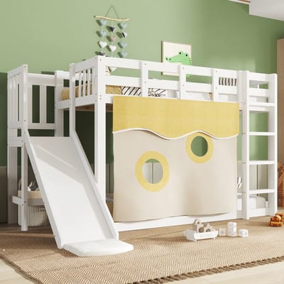 Stapelbed, Houten Bed met Trap en Leuning, Inclusief Bedgordijn, Glijbaan, Kinderbed met Valbeveiliging en Leuning, MDF + Grenen, Wit, 90x200cm