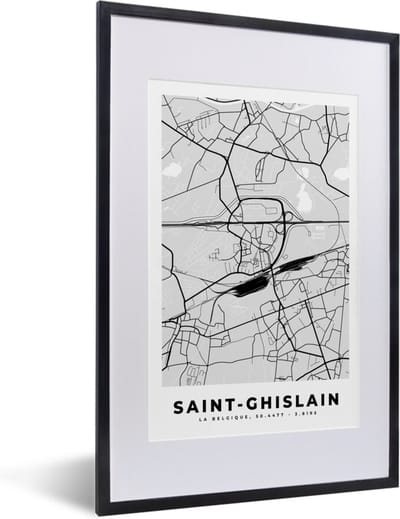 Fotolijst incl. Poster Zwart Wit- Stadskaart – Zwart Wit - Kaart – Saint Ghislain – België – Plattegrond - 40x60 cm - Posterlijst