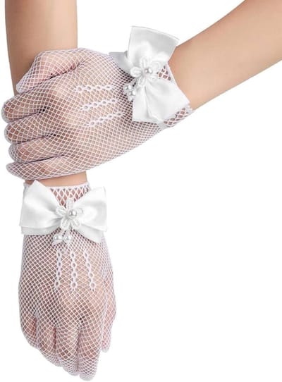 Visnet Handschoenen voor Meisjes - Bloemen Design voor Bruiloften, Theepartijen en Communie, Maat 4-12 Jaar, Wit, One Size