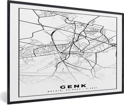 Fotolijst incl. Poster Zwart Wit- Stadskaart – Plattegrond – België – Zwart Wit – Genk – Kaart - 60x40 cm - Posterlijst