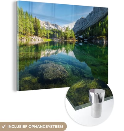 MuchoWow® Glasschilderij 40x30 cm - Schilderij acrylglas - Water - Bergen - Rotsen - Foto op glas - Schilderijen