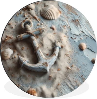 WallCircle - Wandcirkel - Muurcirkel - Anker - Hout - Schelpen - Zand - Aluminium - Dibond - 30x30 cm - Binnen en Buiten
