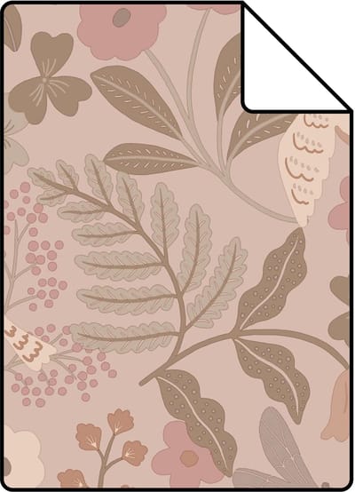 Proefstaal ESTAhome behang bloemen en vogels taupe en oudroze - 26.5 x 21 cm - 132232-S