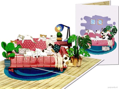 Popcards popupkaarten - Poezen liefhebber? Wenskaart met 10 leuke kittens poesjes op een gezellige sofa pop-up kaart 3D wenskaart