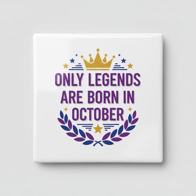 “Only Legends Are Born in October” Verjaardagstegel 15×15 cm – Premium Keramisch Cadeau met Kroon en Laurelblad Design