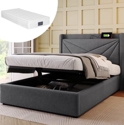 MEUNIQ eenpersoonsbed 90x200 cm met opbergruimte, USB-C en USB laadfunctie, gestoffeerd bedframe met lattenbodem en hoofdbord voor slaapkamer, grijs