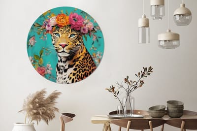 WallCircle - Wandcirkel - Muurcirkel - Luipaard - Bloemen - Kroon - Aluminium - Dibond - 140x140 cm - Binnen en Buiten