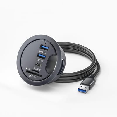 SnelShoppen - USB 3.0 Recessed Desktop Hub met 2 USB 3.0 poorten en 1 USB-C poort, 60mm Kabeldoorvoer met SD/TF Kaartlezer voor Bureau, Plug and Play