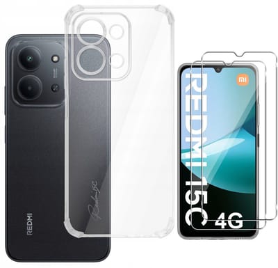 Hoesje + Glas Geschikt voor Xiaomi Redmi 15C - Transparant - Casemania Anti-shock Back Cover met 2x Tempered Glazen Screenprotector - Extra Stevig Val en Stootbescherming Telefoonhoesje