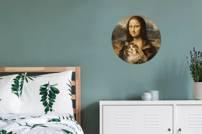 WallCircle® - Behangcirkel 30x30 cm - Muurstickers Mona Lisa - Kat - Leonardo da Vinci - Vintage - Kunstwerk - Oude meesters - Schilderij - Muurcirkel woonkamer - Wandcirkel slaapkamer - Kamer decoratie zelfklevend - Muurdecoratie accessoires