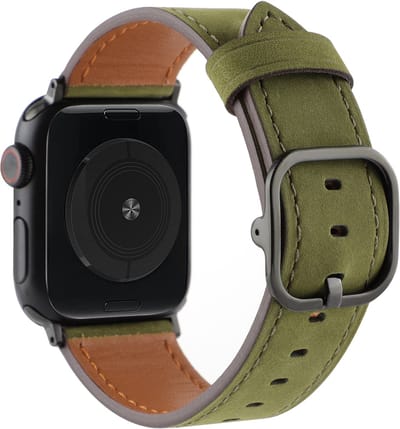 Stravo Echt Leren Horlogebandje met Rechthoekige Metalen Gesp – Geschikt voor Apple Watch 42mm (Series 11/10), 41mm (Series 9/8/7), 40mm (Series 6/5/4, SE 3/2/1), 38mm (Series 3/2/1) – Zakelijk Bandje van Echt Leer – Groen
