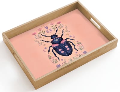 Dienblad hout 40x30 cm - Schootdienblad - Kever - Donkerblauw - Bloemen - Sierlijk - Borrelplank rechthoek - Plateau dienbladen