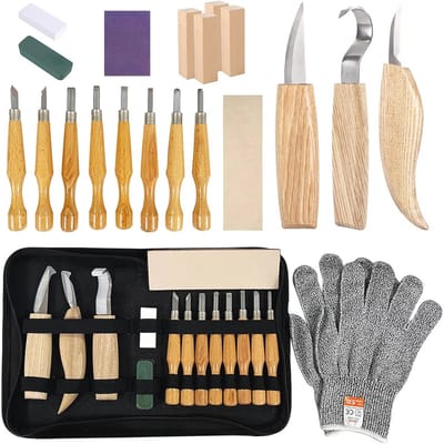 Houtsnijset voor Beginners en Professionals - 21-Delige Snijmesset met Slijpsteen, Schuurwas, Schuurpapier en Handschoenen