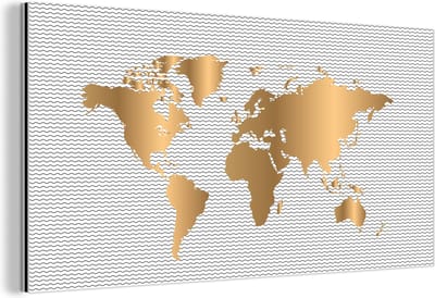 Aluminium schilderij 120x60 cm - Wanddecoratie metaal - Wereldkaart - Goud - Golf - Metalen muurdecoratie woonkamer - Decoratie industrieel - Foto op dibond - Industriële accessoires slaapkamer