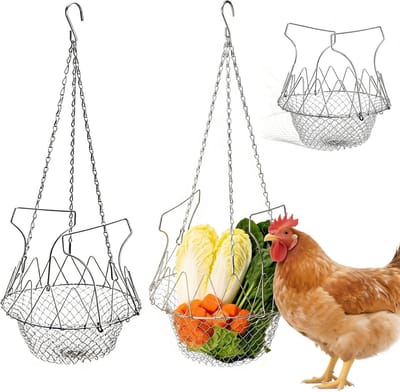 Voederautomaat voor kippen en groenten - Hangende, opvouwbare en robuuste fruithouder voor gevogelte, roestvrijstalen groentehouder, ideaal voor dierenvoeding en tuinieren