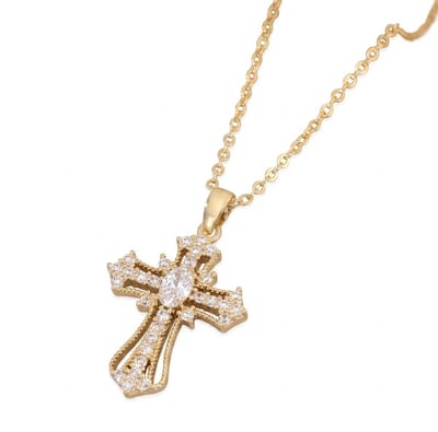 Goudkleurige dames ketting met kruisvormige hanger – ingelegd met transparante steentjes en ovale centrale steen