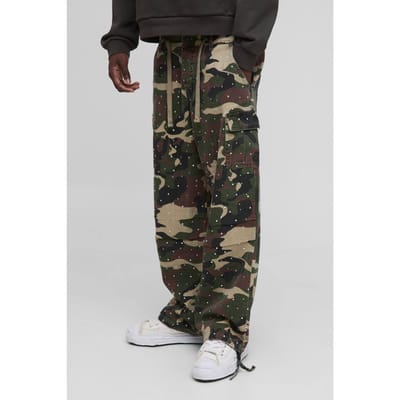 Relaxed Rhinestone Camo Cargo Trousers | Size Medium