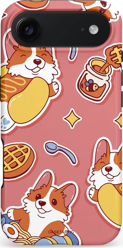 Casetastic hoesje geschikt voor Apple iPhone Air - MagSafe - Dubbellaagse bescherming - Corgi snacks - Fashion Case - Koraal Terracotta Lichtgrijs Goud