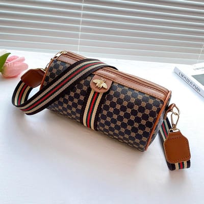 Nieuwe Dames Tas Print Contrastkleur Bijenlint Cilindrische Schoudertas Modieuze Mobiele Telefoon Tas white