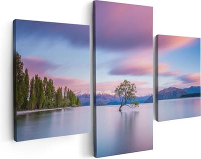 Artaza Canvas Schilderij Drieluik Wanaka Boom In Het Water Bij Zonsopgang - 90x60 - Foto Op Canvas - Canvas Print