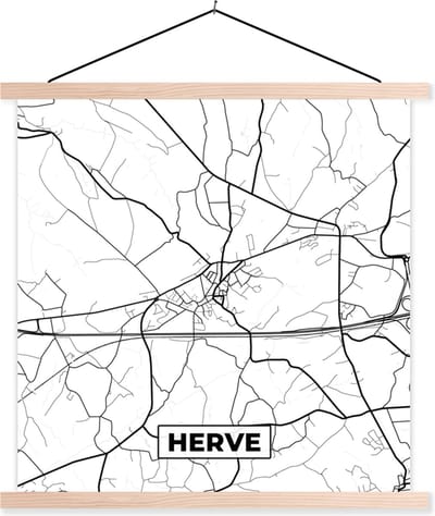Posterhanger incl. Poster 40x40 cm - Schoolplaat - Zwart Wit – België – Plattegrond – Stadskaart – Kaart – Herve - Textielposter - Blanke latten - Stadskaart