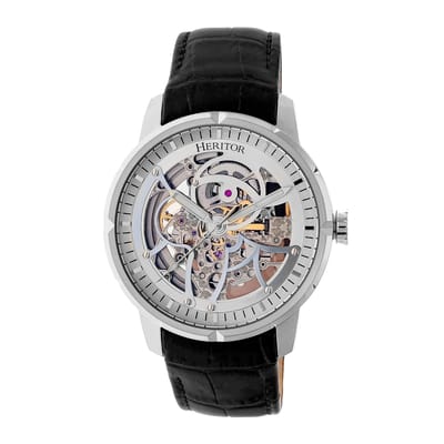 Heritor Automatic Ryder Skeleton leren band horloge - Zilver