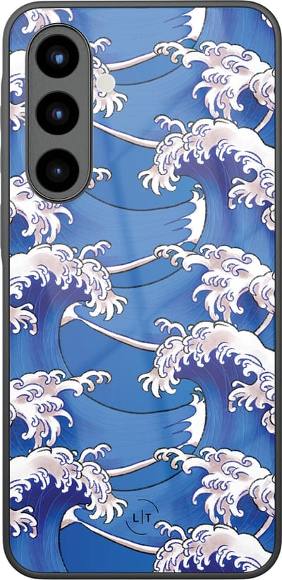 Hoesje geschikt voor Samsung Galaxy A57 - Japanese waves - Luxe Glazen Hardcase - Print / Illustratie - Blauw
