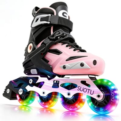 Suotu Skeelers - Raceskates - Inlineskates Verstelbaar - Gevorderden - Skeelers meisjes en jongens - Maat: EUR 32-36 - lichtgevende wielen - S76 - Zwart/Roze - M