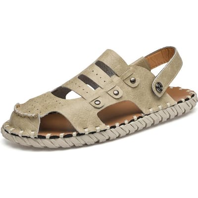 Zomer Heren Casual Strand Schoenen Outdoor Slippers Nieuwe Dubbel Doel Anti-Slip Rij Sandalen Echt Leer 46 beige
